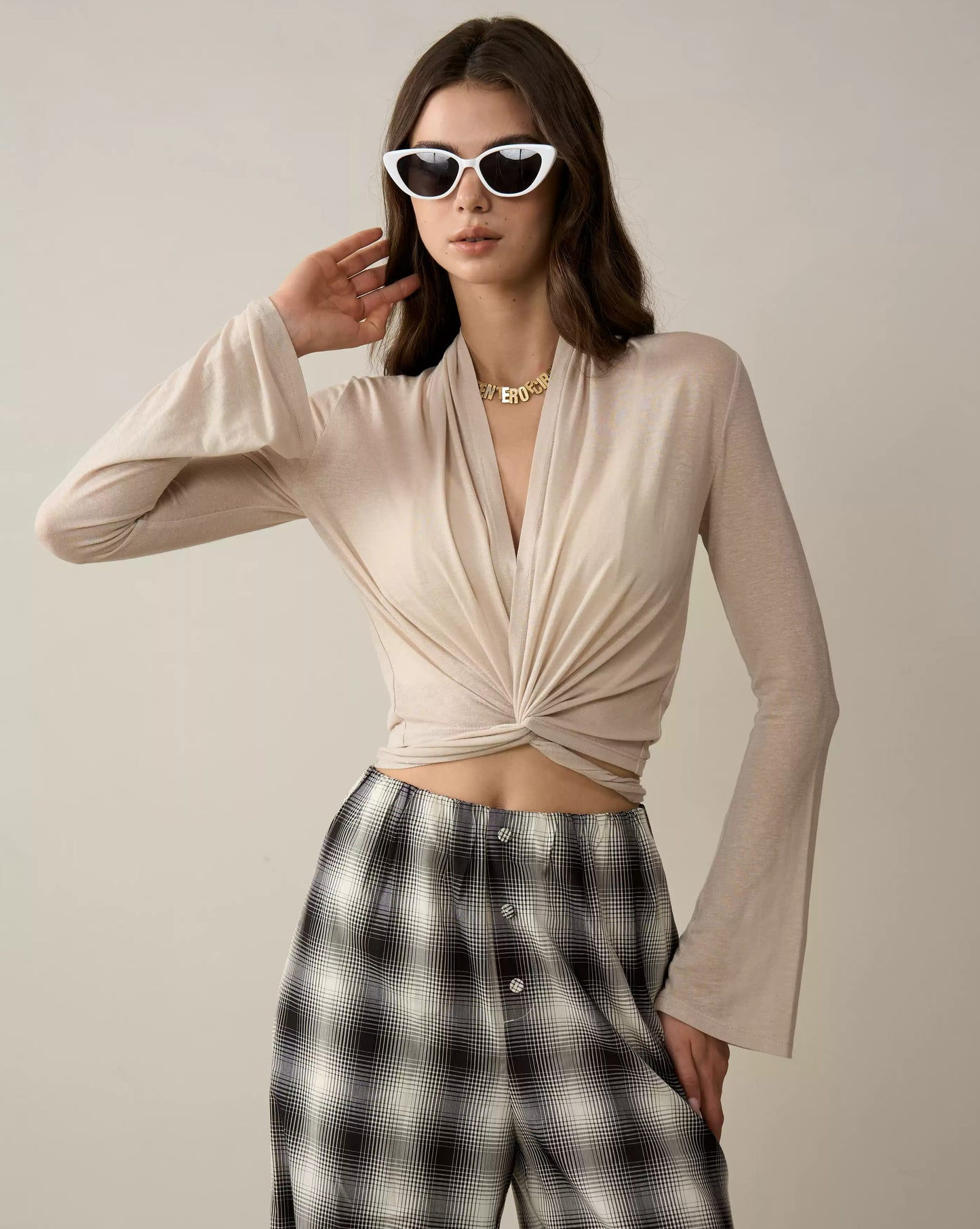 Tencel-Linen V-Neck Tie Blouse with Bell Sleeves