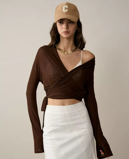 Tencel-Linen V-Neck Tie Blouse with Bell Sleeves