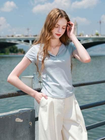 Blue Collared Fitted Short-Sleeve Top