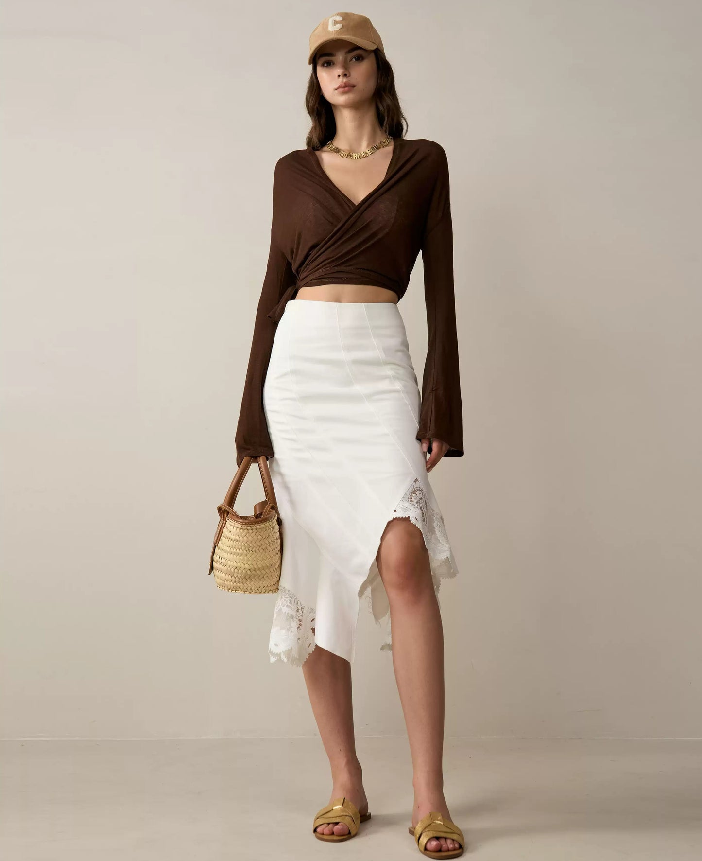 Tencel-Linen V-Neck Tie Blouse with Bell Sleeves