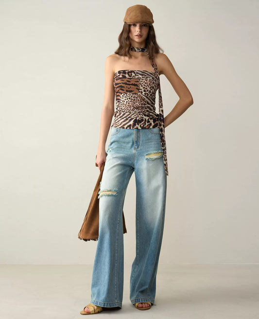 High-Waisted Distressed Straight-Leg Jeans