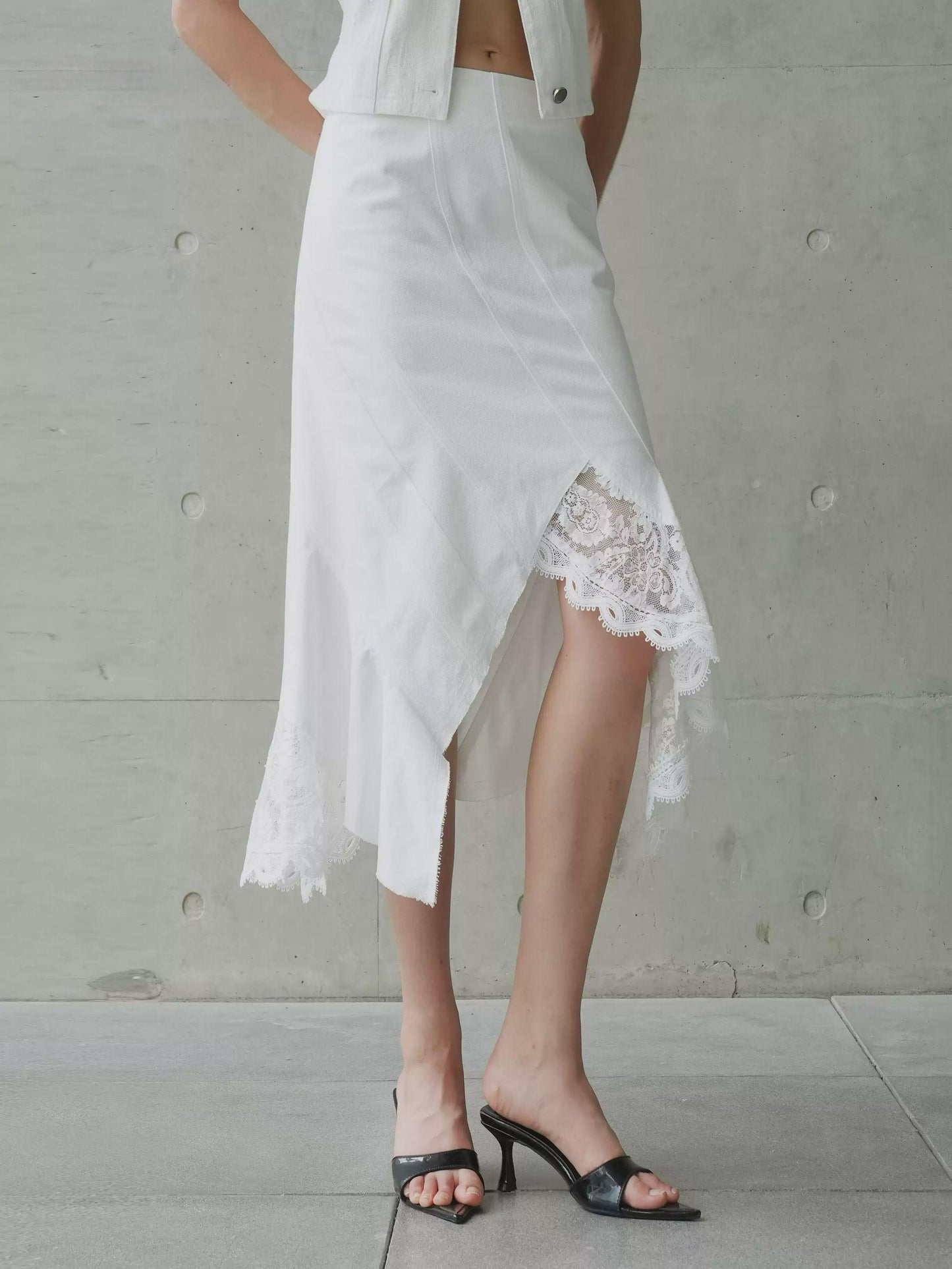 Lace-Trim Denim Skirt